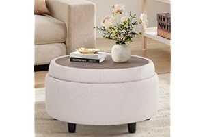COLAMY Fabric Round Storage Ottoman with Reversible Tray Lid – Multi-Functional Footrest, Hidden Storage, Sturdy & Stylish Small Coffee Table for Living Room, Bedroom, or Entryway(Beige)