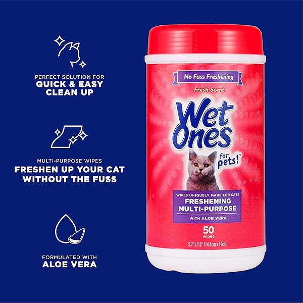 WET ONES FOR CATS FRESHENING WIPES, MULTI-PURPOSE CAT GROOMING WIPES WITH ALOE VERA, HELPS REMOVE DIRT, ODOR, AND DANDER BETWEEN BATHS, FRESH SCENT, 50 COUNT