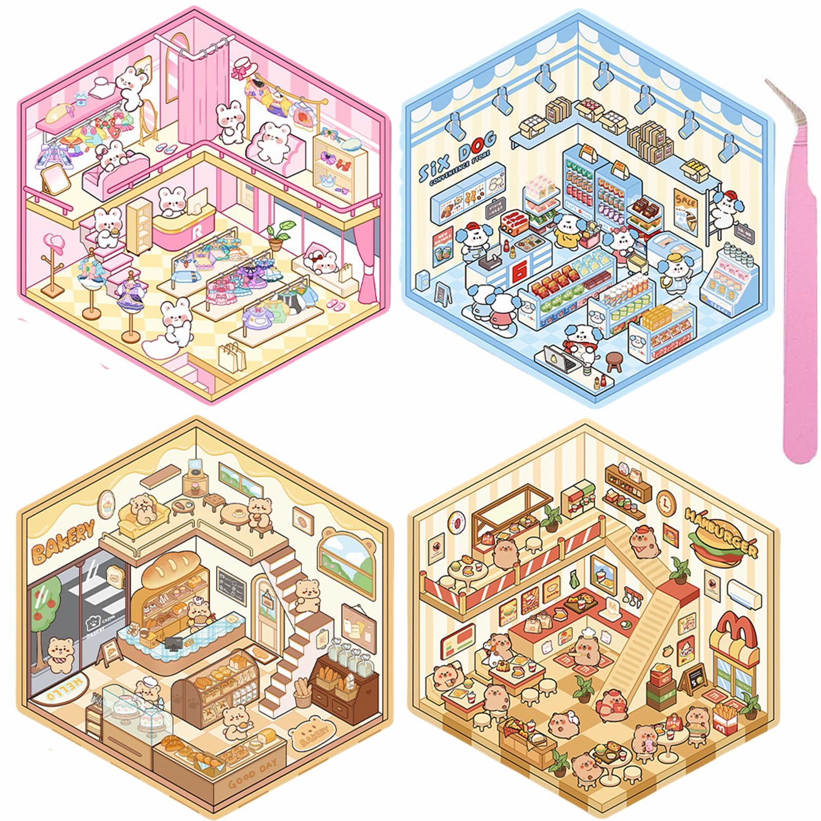 Wnqou 4 Sets DIY 3D House Stickers, Clothing Store & Mini Convenience Store Scene Stickers - Cute Cartoons for Adults, Kids - Fun Sticker Games for Girls