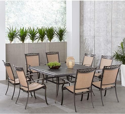 Hanover Fontana Esszimmer Set 9 Teilig Mit 8 Slingstuhlen Und 152 4 Cm Fntdn9pcsqc Tisch Quadratisch Fur Den Aussenbereich Hellbraun Amazon De Garten