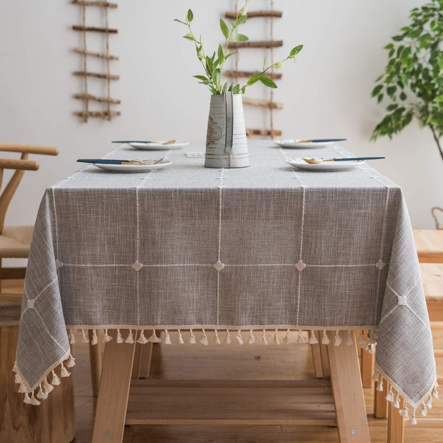 smiry Embroidery Tassel Tablecloth - Cotton Linen Dust-Proof Table Cover for Kitchen Dining Room Party Home Tabletop Decoration (Rectangle/Oblong, 55 x 86 Inch, Light Grey): Kitchen & Dining