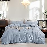 FOSSA Duvet Cover Set 100% Washed Cotton Linen Feel Super Soft Breathable Cozy 3 Pieces Bedding Sets Solid Sky Blue King