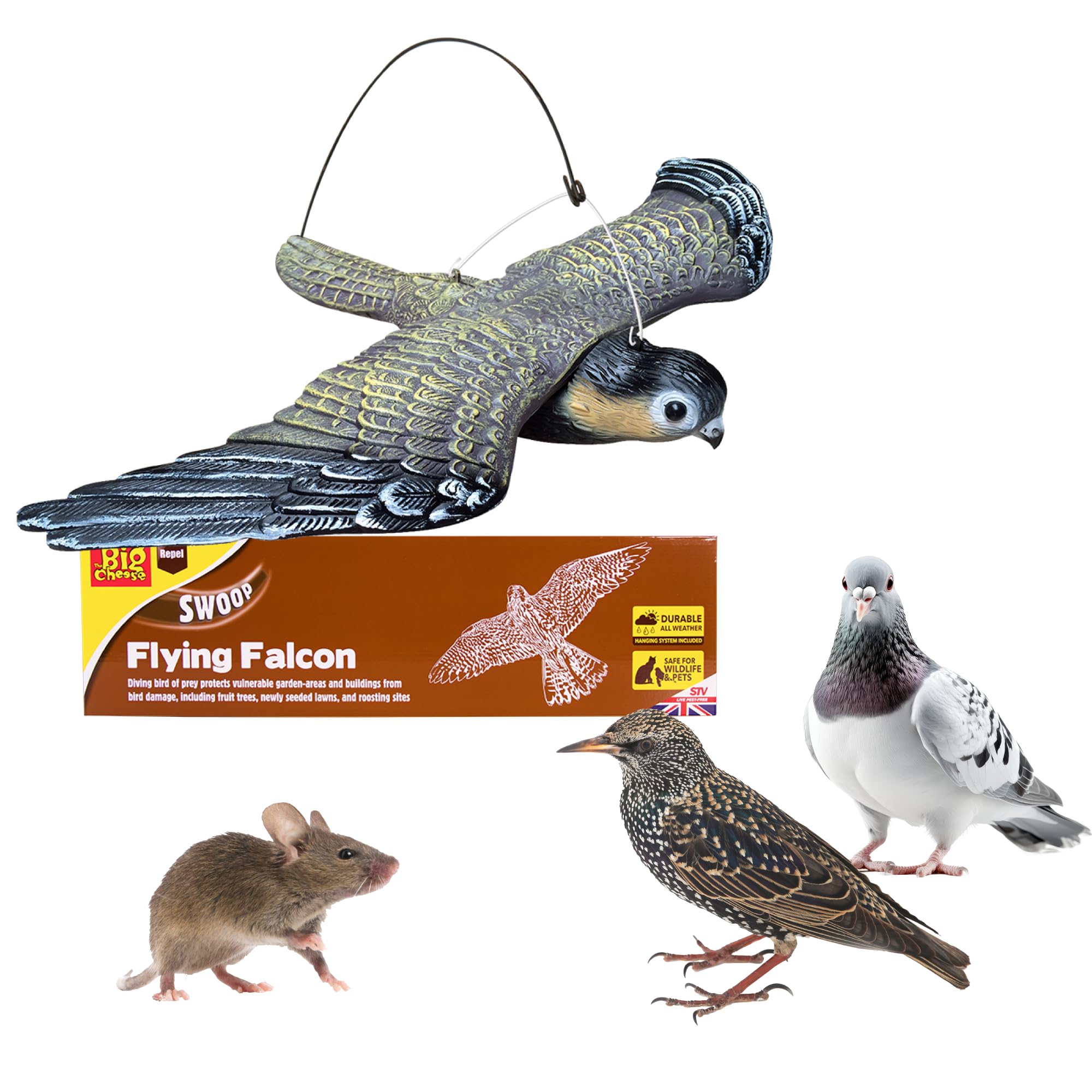 The Big Cheese Flying Falcon Decoy – Realistic Bird Scarer – Wind-Action System Pigeon Deterrent, Wildlife & Bird Deterrent, Pest Control Product – Gardens, Lawns & Outdoor Area – Wingspan 21 inches