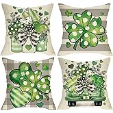 Fjfz St Patricks Day Decorative Throw Pillow Covers 18 x 18 Set of 4, Lucky Shamrock Clover Truck Mason Jar Porch Outdoor Home Decor, Buffalo Plaid Stripes Heart Irish Spring Sofa Couch Cushion Case