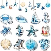 36Pcs Beach Wooden Ornaments, Coastal Nautical Seaside Wood Cutouts Navigation Hanging Ornaments Coastal Ornaments for Small Tree Home Party