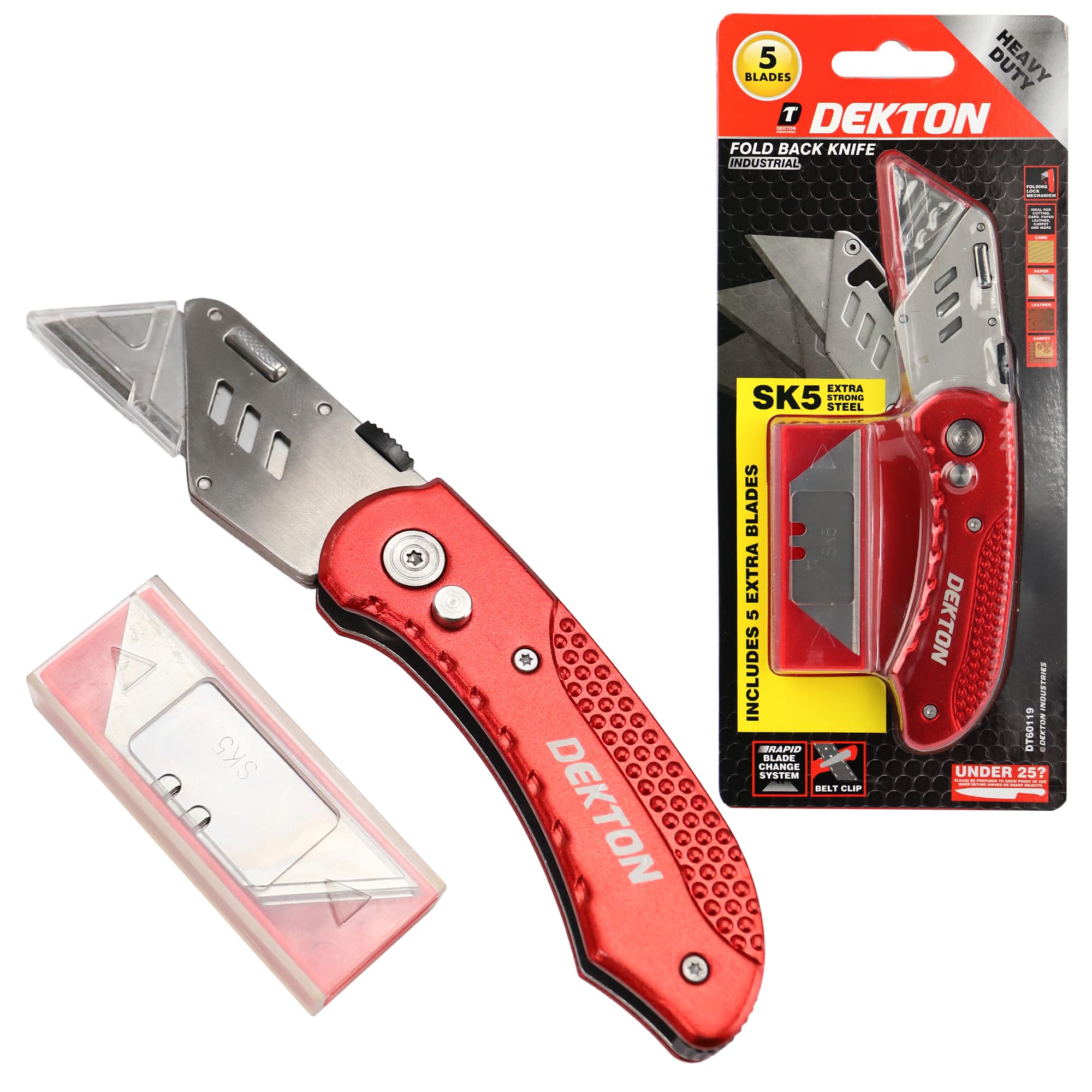 Dekton Industrial Fold Back Utility Knife with SK5 Steel Blades, Rapid Blade Change System, Folding Lock Mechanism, Belt Clip, Ideal for Cutting Vinyl, Rubber, Plastics, Carpet, and More