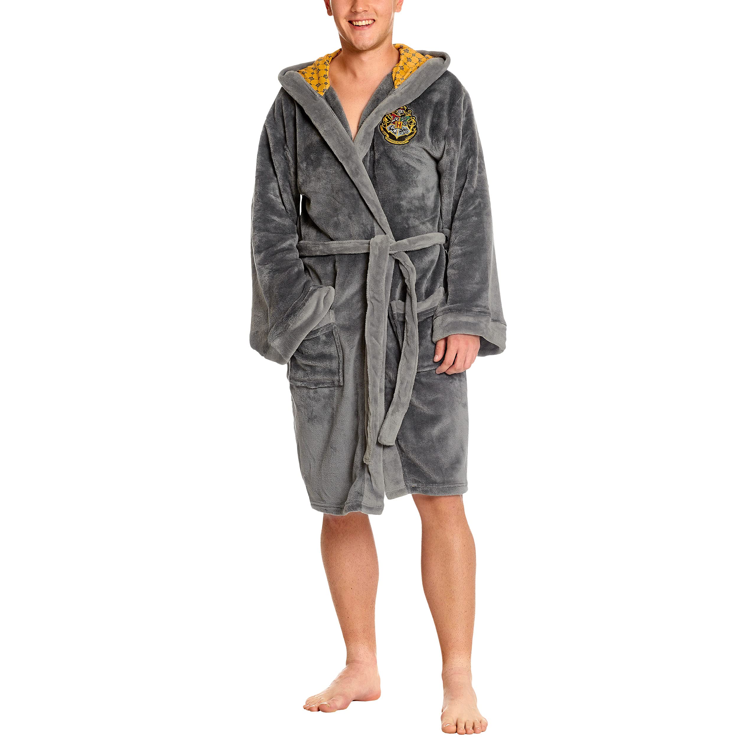 Elbenwald Harry Potter robe with hood with large Hufflepuff crest on the back and pockets for women and men gray 110cm