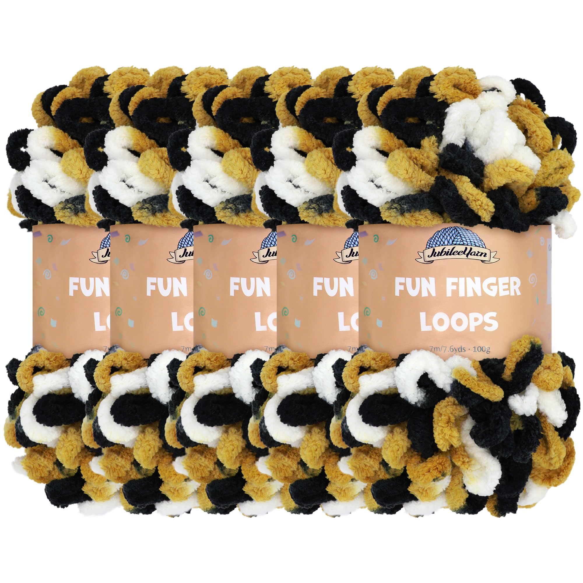 JubileeYarn Fun Finger Loops Yarn - Polyester Jumbo Weight Loop Yarn - 100g/Skein - Black Gold White - 5 Skeins