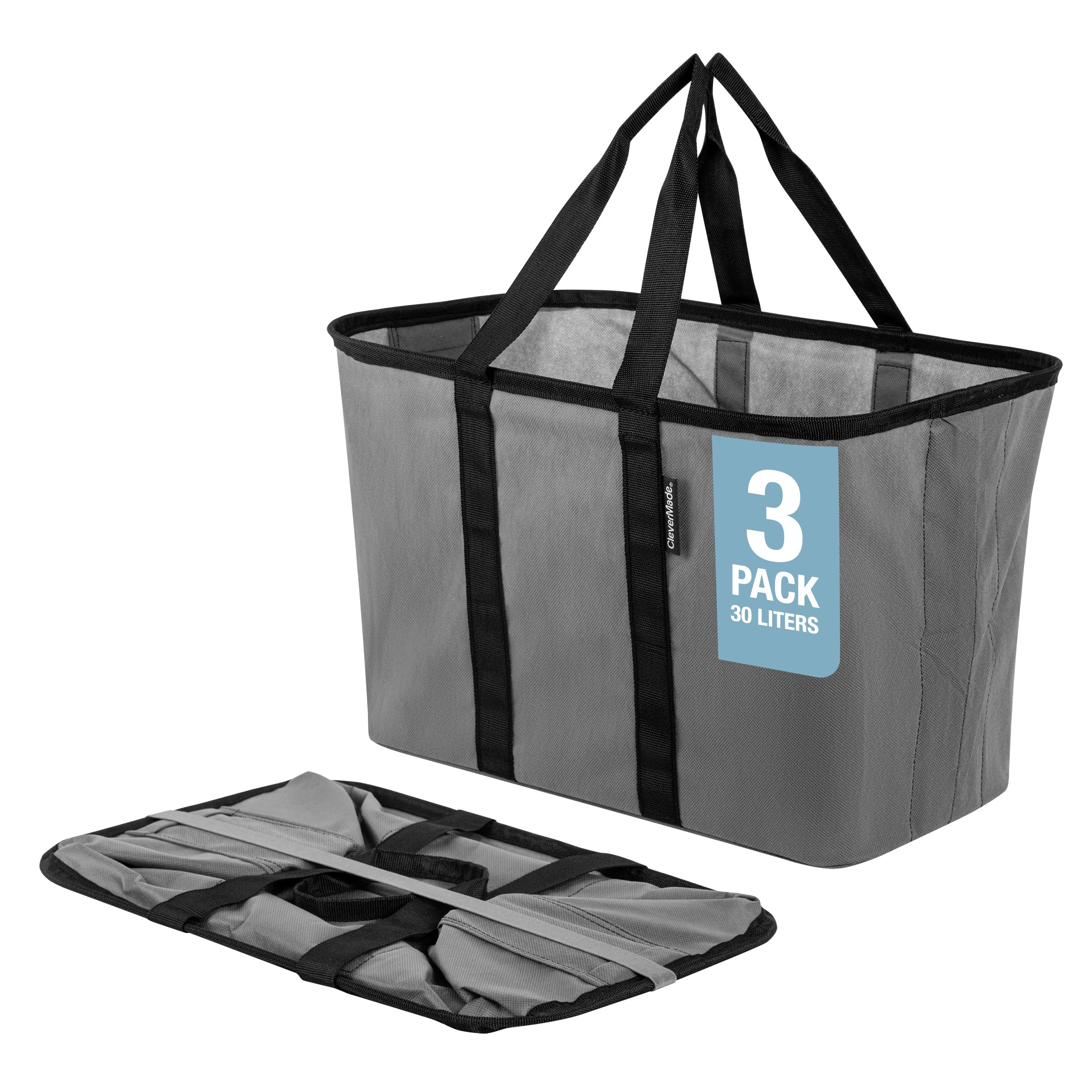 Photo 1 of CleverMade EcoBasket Reusable Grocery Tote - 30L - Pack of 3 - Gray Black - Collapsible Storage Shopping Organizer - Heavy Duty Utility Bag Home