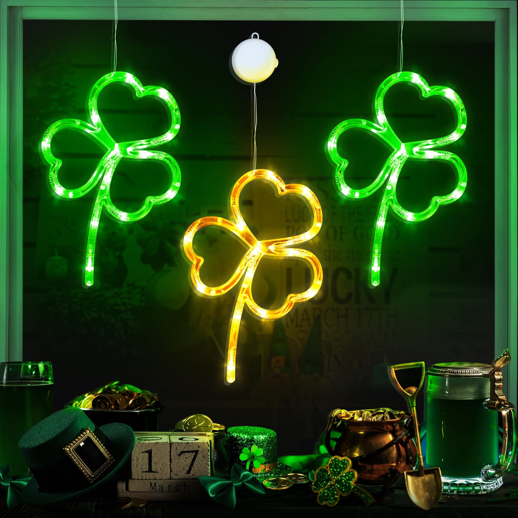 Photo 1 of [Timer] 3 Pack St Patricks Day Decorations Shamrock Window Lights Battery Operated with Suction Cup & Hook, Saint Patricks Day Lucky Gold Green Clover Lights for Indoor Outdoor Party Irish Decor