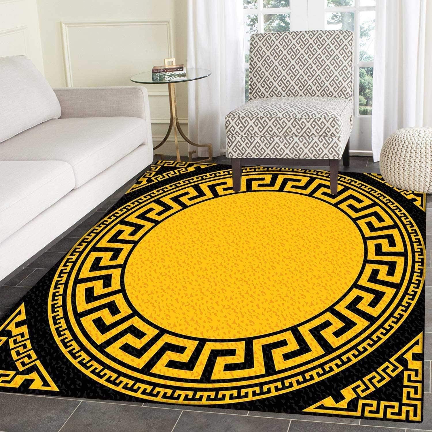 VORMOR Greek Key Customize Floor mats for home Mat Sun Inspired Big Circle with Antique Fret and Triangular Ornaments Oriental Floor and Carpets Charcoal Grey Marigold