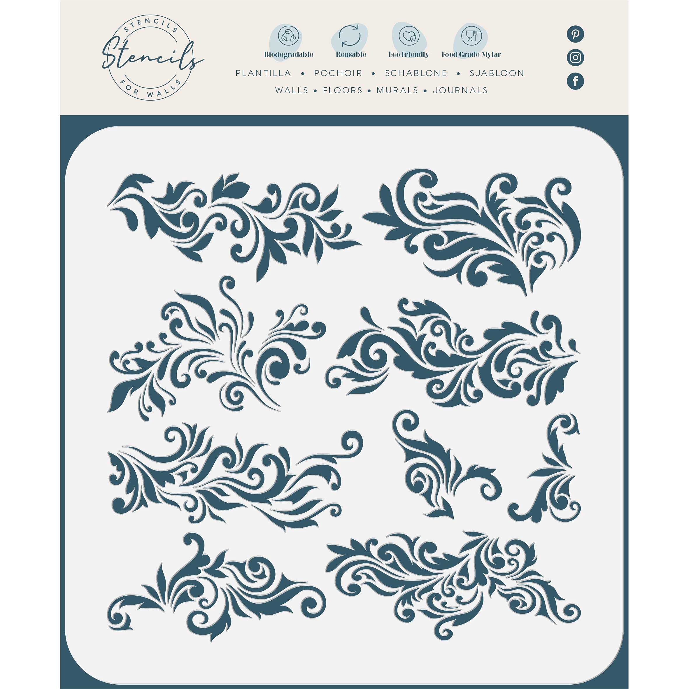 Vintage Stencils, 21.5 x 21.5 cm (M) - 9X Swirl Leaf Accent Wall Stencil Template for Painting