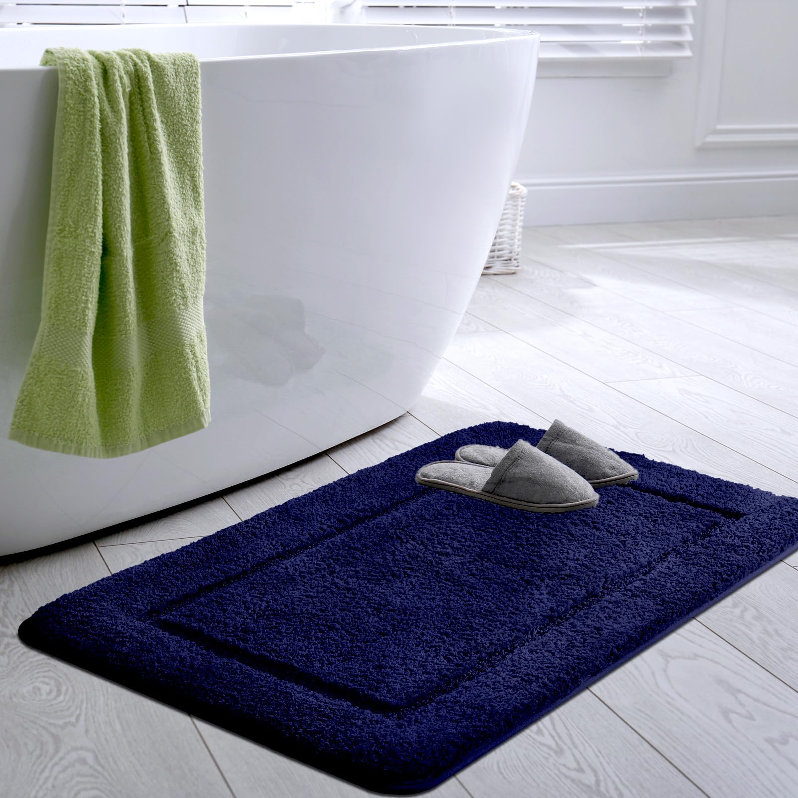 SOANNY Navy Blue Bath Mat Only, Non-Slip Soft Microfiber Machine Washable Bathroom Carpet Water Absorbent, High Density Large Fluffy Bathtub Shower Runner Rugs for Door Entrance, Kitchen, 60x90 cm