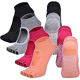 BarlouWay Toeless Yoga Socks for Women Pilates Socks with Grips Cotton Non Slip Open Toe Socks for Pilates Pure Barre Ballet Dance (4 Pairs (Black & Grey & Orange & Rose))