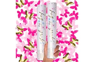 PrimePure Gender Reveal Confetti Cannon - Butterfly Confetti Popper - Pink, 2 Pack - Baby Girl Gender Reveal Party Poppers - Pink Paper Baby Party Supplies Pop Gun