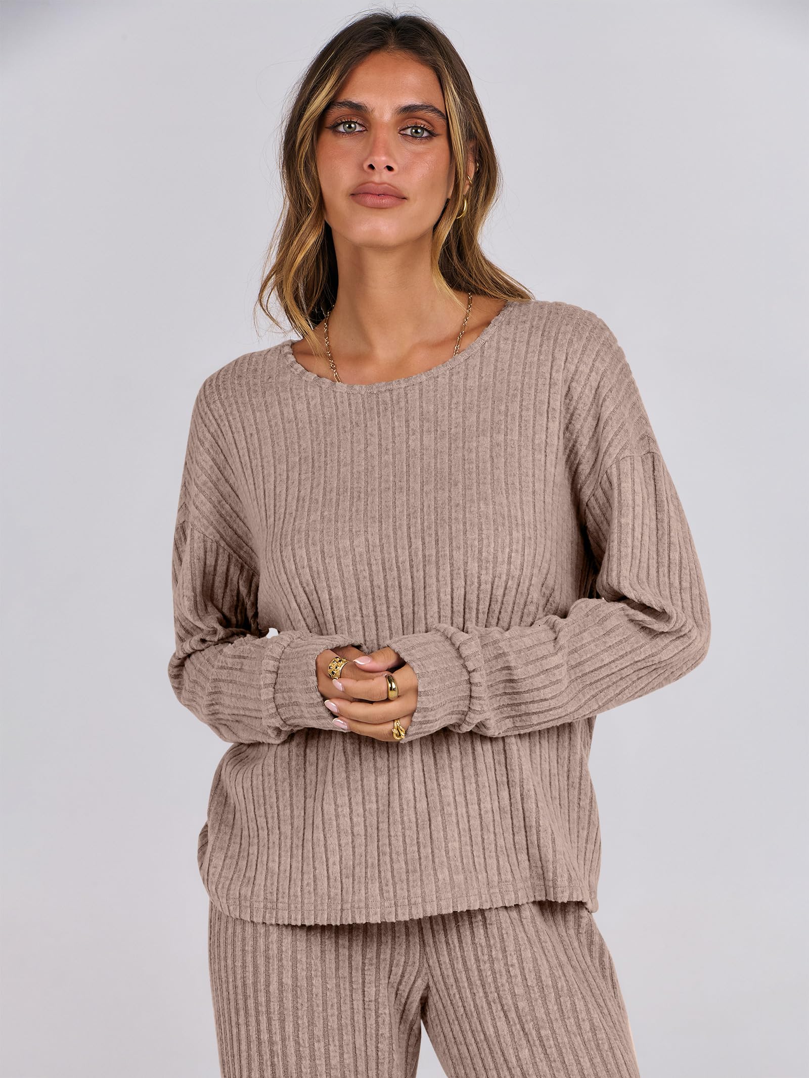 ANRABESS Women 2 Piece Lounge Pajamas Sets Casual Ribbed Knit Long Sleeve Top Pants Matching Set 2025 Fall Outfits Clothes Khaki Large - Image 5