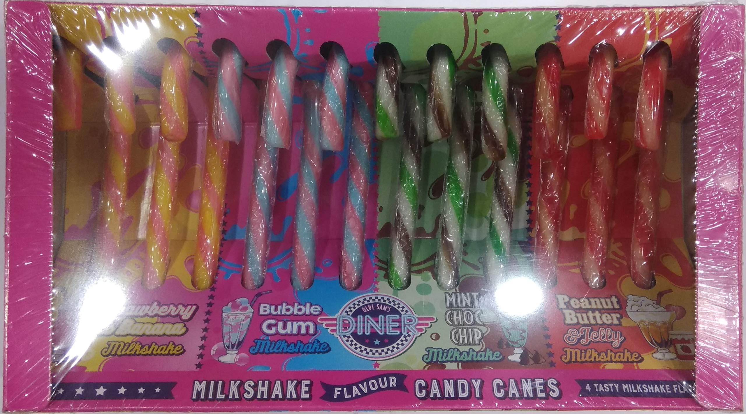 Candy Canes Milk Shake Assorted Flavour 12 Sticks ( Bubblegum, Strawberry & Banana, Peanut Butter & Jelly Mint Choc Chip ) 3 Each, 120g