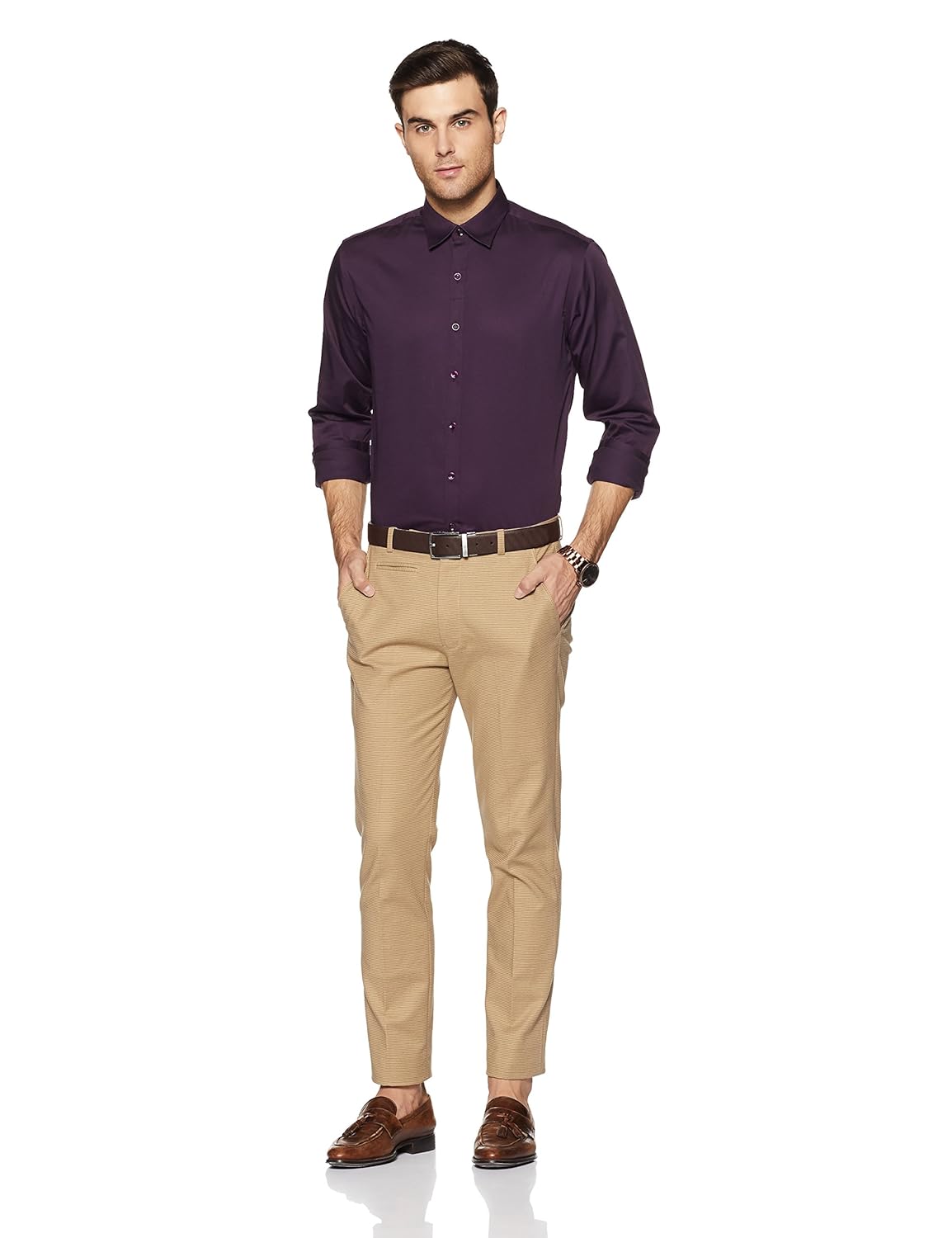 wills lifestyle men's solid slim fit dress shirt