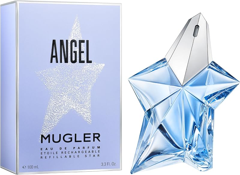 Mugler angel eau de parfum, perfume feminino, aroma gourmand com notas de âmbar, fragrância fascinante, recarregável, 100 ml