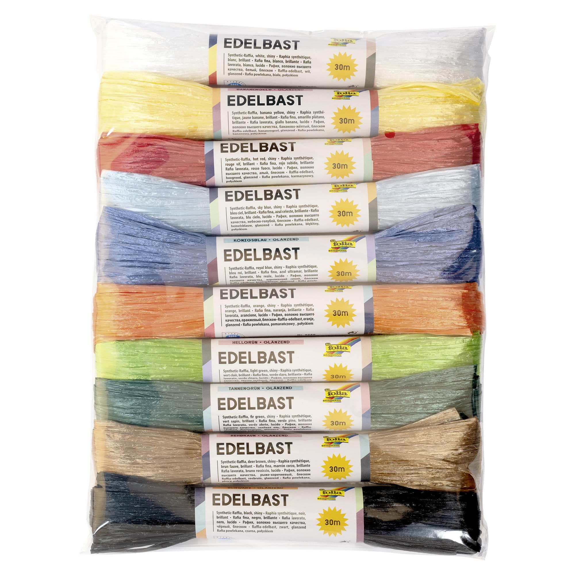 folia 921009 Raffia Edelbast, 10 Bundles Each 30 m, Assorted Colours, Ideal for Crafts or for Arrangements, Bouquets and Other Floristry Work