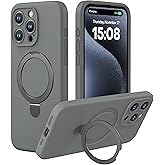 CellEver Strong Magnetic Case for iPhone 15 Pro Max [for MagSafe Charging] [Camera Protection] Heavy-Duty Protection, Soft Grip Silicone Cover with Kickstand, Titanium Gray