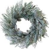 idyllic 24 Inch Norfolk Pine Wreath and Cedar Wreath for Front Door, Real Touch Christmas Wreath for Indoor and Outdoor Decor, Snowy White Xmas Winter Wreaths for Porch or Window