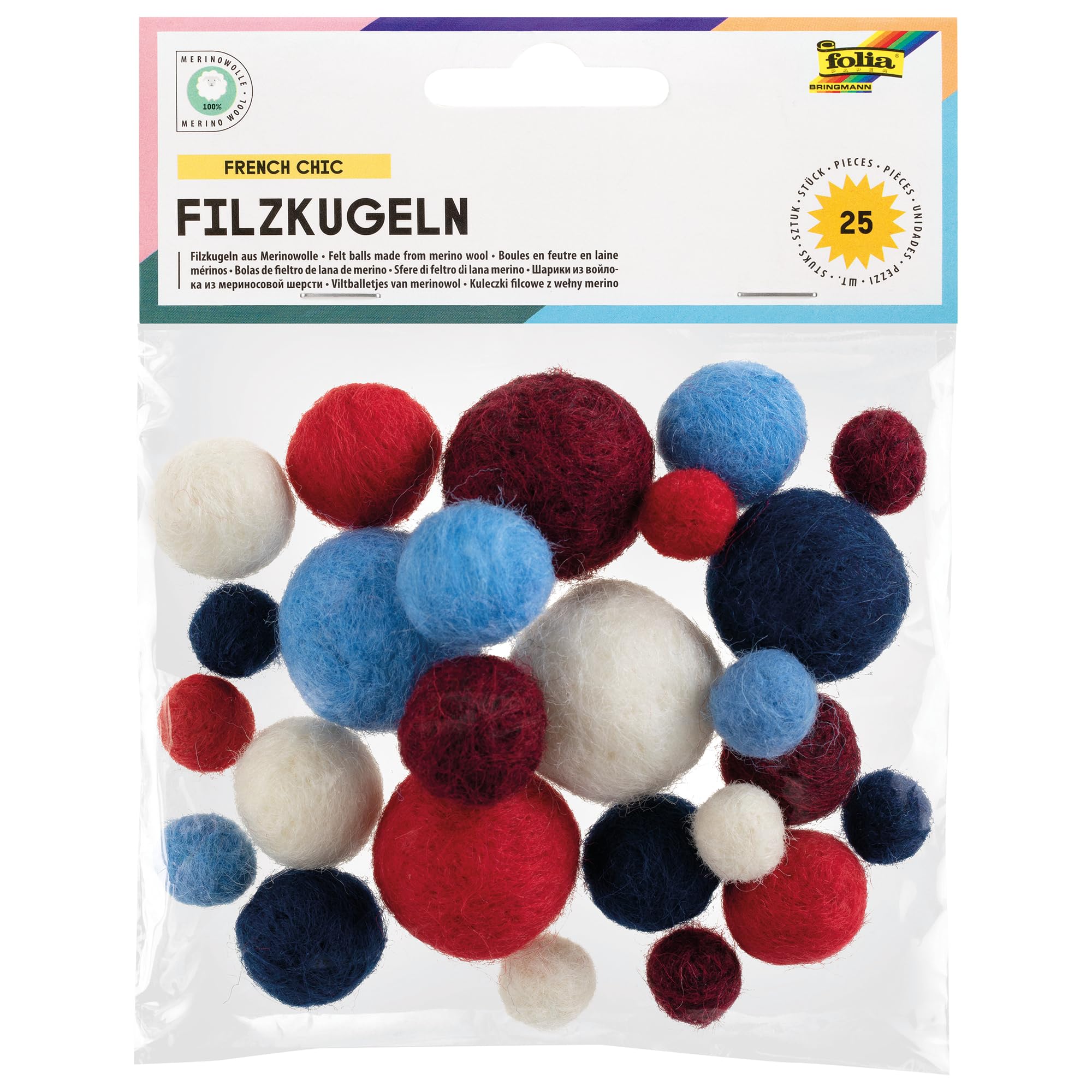 folia 5283 Felt Balls French Chic, 25 Balls Made of 100% Merino Wool, Assorted in 5 Different Colours and 3 Sizes, Ideal for Mobiles, Garlands, Much More, Colourful, One Size