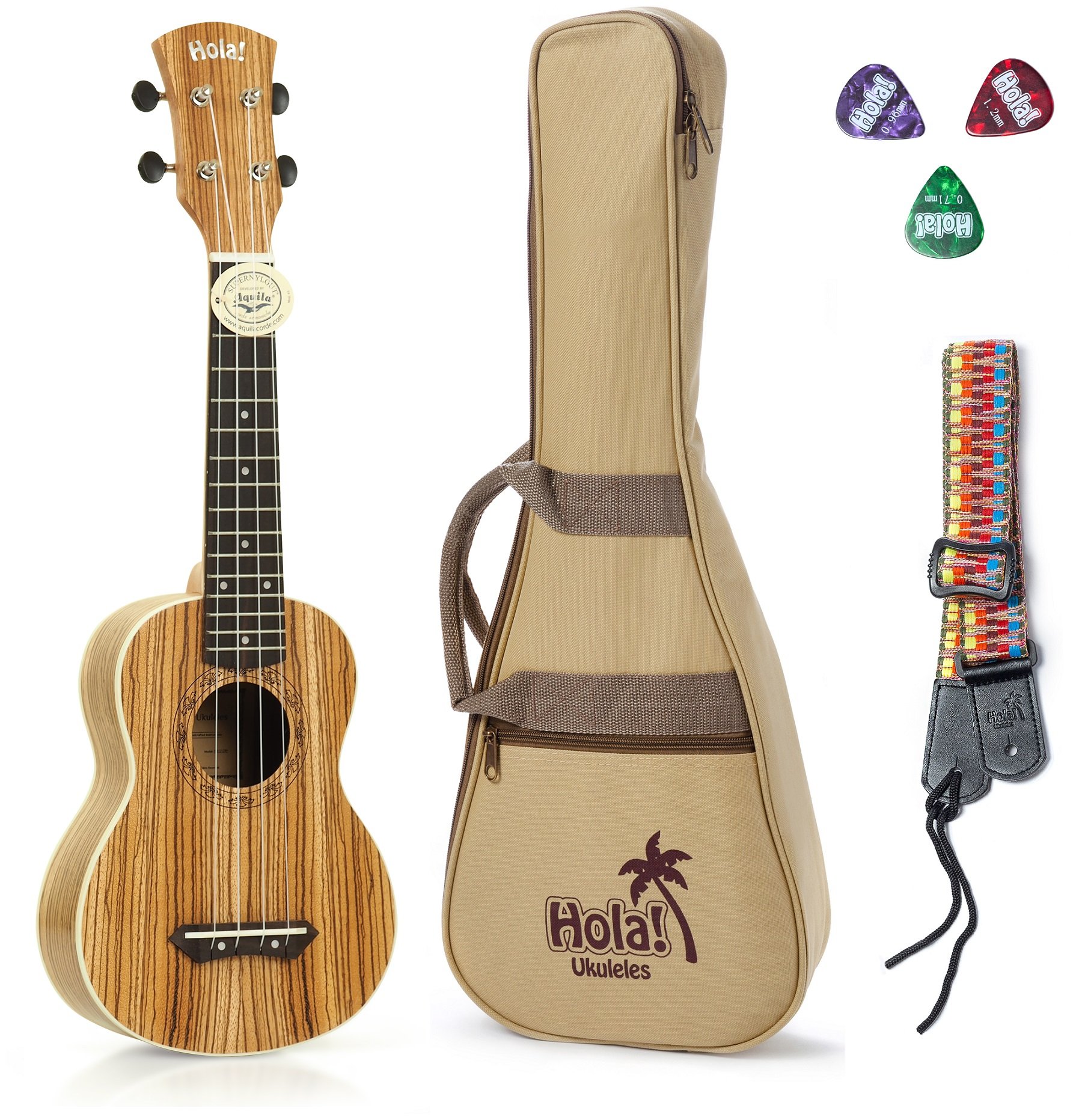 Hola! Music HM-121ZW+ Deluxe Soprano Ukulele Bundle with Aquila Strings, Padded Gig Bag, Strap and Picks - Zebrawood