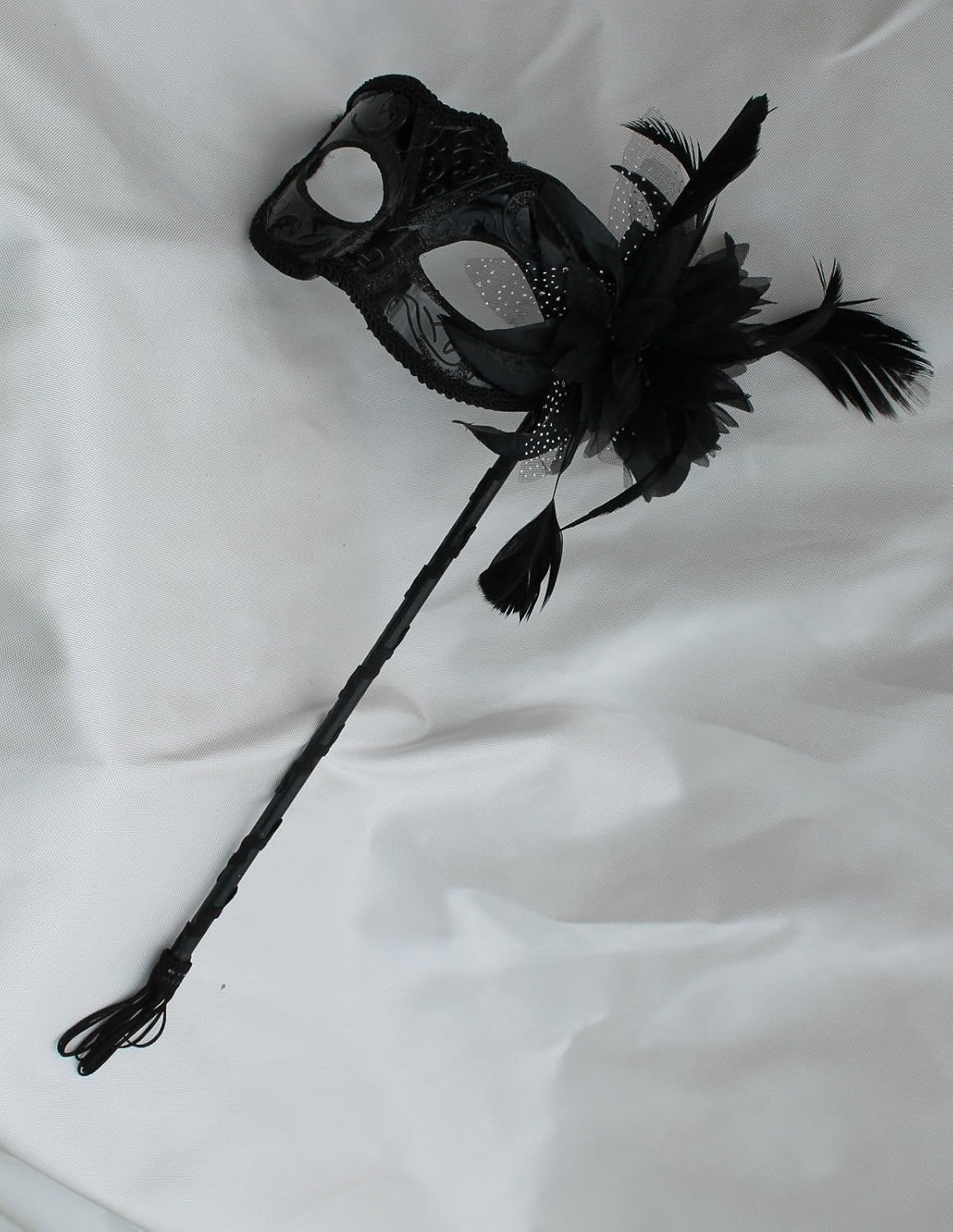 MASK & CO HIGH GLOSS VENETIAN MASQUERADE PARTY EYE MASK WITH FLOWER ON A STICK,Black,8cm Exc Stick - Image 3