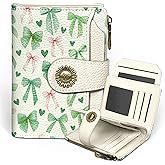 Icycay Sage Green Bow Small Wallet Women RFID Blocking Bifold, Cute Credit Card Holder, Zipper Coin Pocket, PU Leather, Compact, Travel, 4 ID Window, 14 Card Slots, Cash Purse, Ladies Woman Female