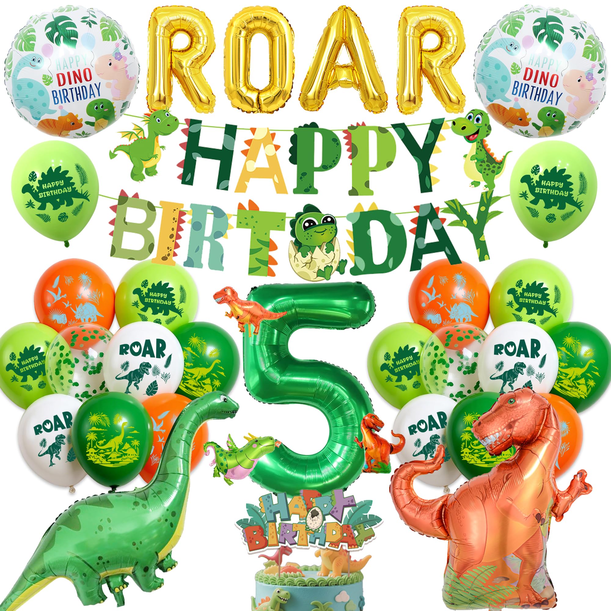 Dinosaur 5th Birthday Balloons for Boys - Dino Happy Birthday Banner and gold ROAR Letter Balloons, Large Dinosaur and Green Numbe 5 Foil Balloon Cake Topper for Kids 5 Years Old Jungle Party Decor