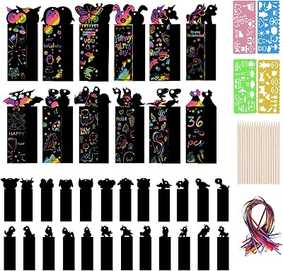 Vicloon Scratch Art for Kids 36Pcs Rainbow Bookmarks 18 Stylus 4 Stencils