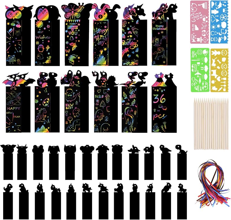 Vicloon Scratch Art for Kids 36Pcs Rainbow Bookmarks 18 Stylus 4 Stencils