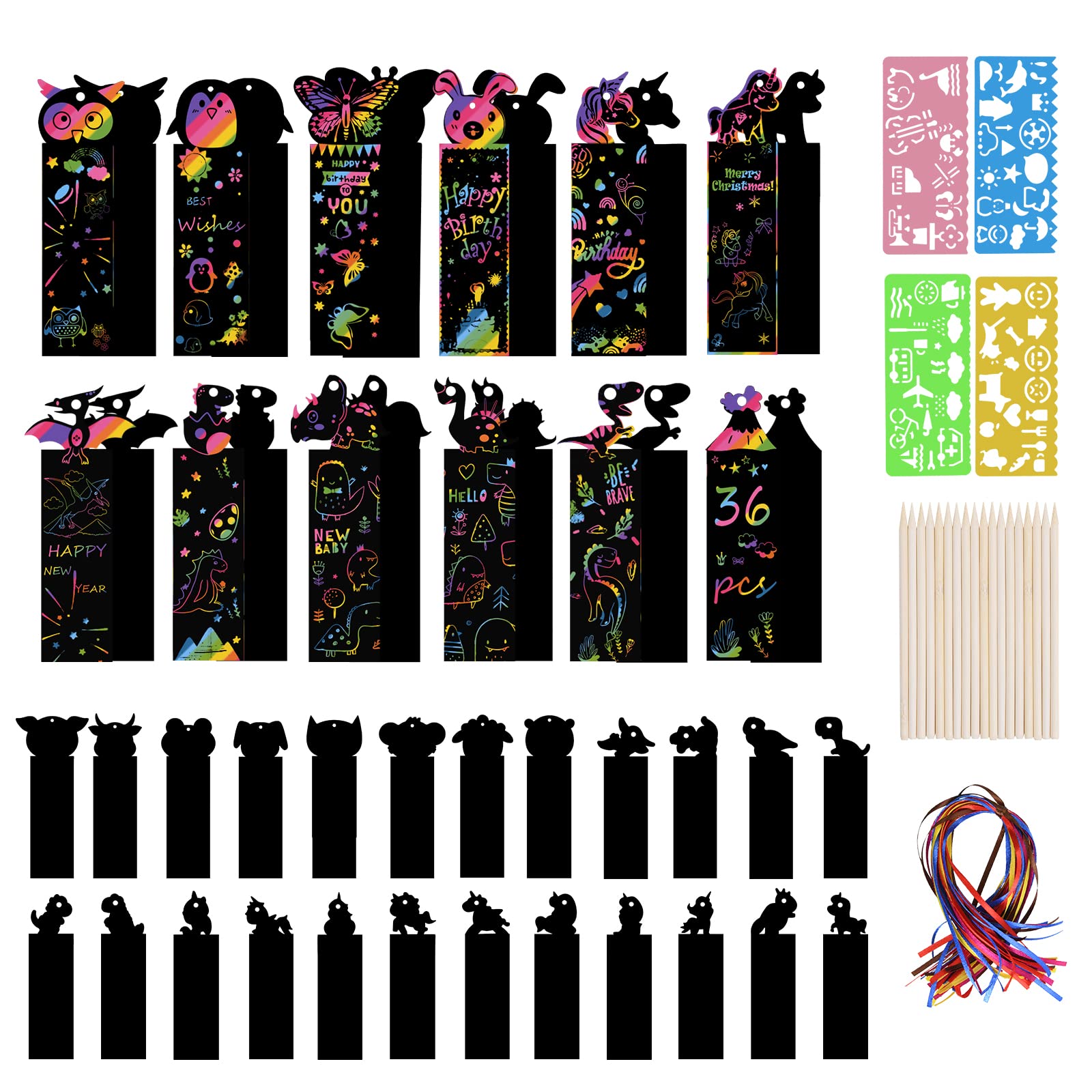 Vicloon Scratch Art for Kids, 36Pcs Magic Rainbow Bookmarks, Scratch Art Party Bag Fillers with 36 Ribbons and 18 Wood Stylus, Bookmarks for Kids with 4 Drawing Stencils School Classroom Party Favor