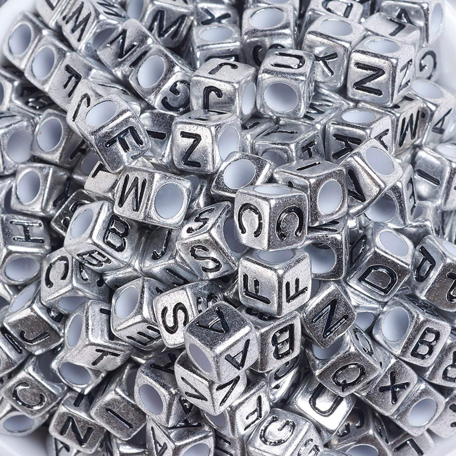 Craftdady 295Pcs Acrylic Cube Letter Beads Antique Silver Black Initial Alphabet Large Hole European Beads for DIY Friendship Bracelet Jewellery Making