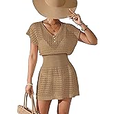 BreathSunny Womens Crochet Knit Slim Fit Beach Coverup Dress Summer 2025 V Neck Button Cap Sleeve Bathing Suit Cover Up