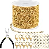 Tanstic 102Pcs 30 Feet Jewelry Making Chains Necklace Chains Bulk Cable Link Chain with 50Pcs Jump Rings, 50Pcs Lobster Clasps, Pliers for Bracelet Necklace Making(Gold)
