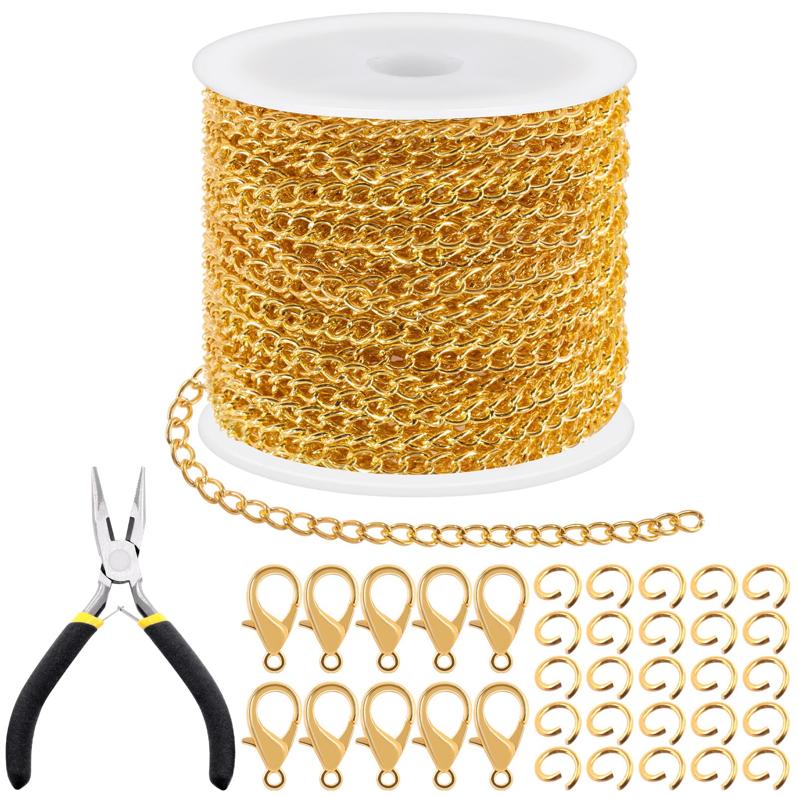 Tanstic 102Pcs 30 Feet Jewelry Making Chains Necklace Chains Bulk Cable Link Chain with 50Pcs Jump Rings, 50Pcs Lobster Clasps, Pliers for Bracelet Necklace Making(Gold)