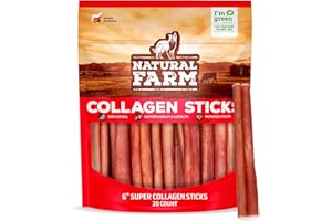 Natural Farm Odor-Free Super Collagen Dog Chews (6-Inch, 20-Pack) The First Ever Real Bull Sticks Alternative: 100% Natural Angus Hide Collagen Treats - More Protein, More Chew Time for All Dogs