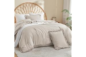 Litanika Linen Grey King Size Comforter Set, Beige Boho Tassel Comforter Aesthetic 3 Pieces, Oatmeal Lightweight Fringe Microfiber Bedding Set for All Season(1 Comforter 104x90 inch, 2 Pillowcases)