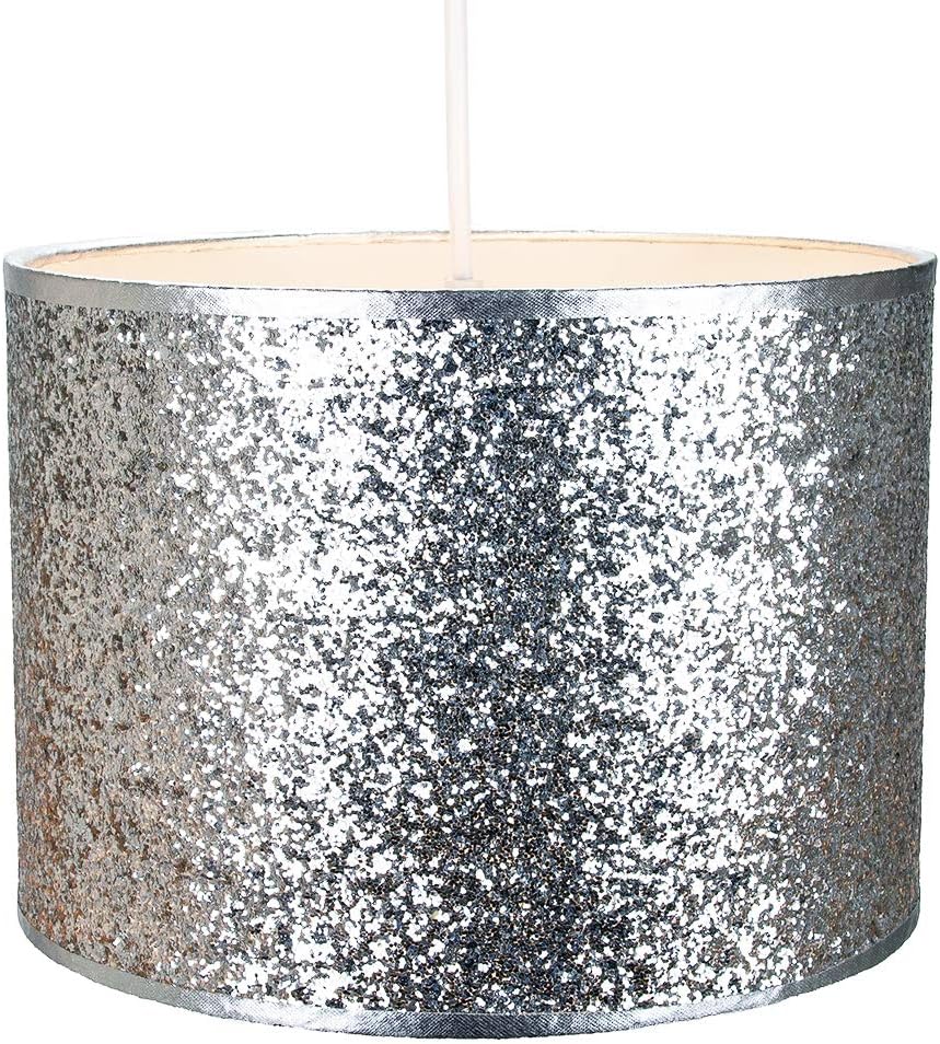 Modern and Designer Bright Silver Glitter Fabric Pendant/Lamp Shade 25cm Wide by Happy Homewares, 10" Shade