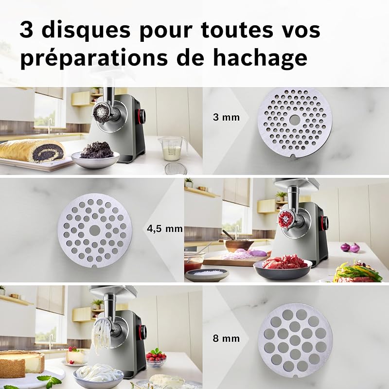 MultiPower Série 8, hachoir multifonction, puissance moteur bloqué 2500 W, hachoir à viande, râpe, accessoires saucisse et kebbe, noir, MFWS840M
