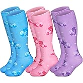 AuSletie 3 Pairs Kids Toddler Soccer Socks for Girls Toddler Unicorn Mermaid Knee High Socks Kids for 3-8 Years