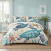 WeCozy Full Size Comforter Set with 2 Pillowcases, Ocean Coral Sea Turtle 3 Pcs Bedding for Kids and Adults, Blue Shell Animal Soft Comforter Set for Bedroom Bed Decor