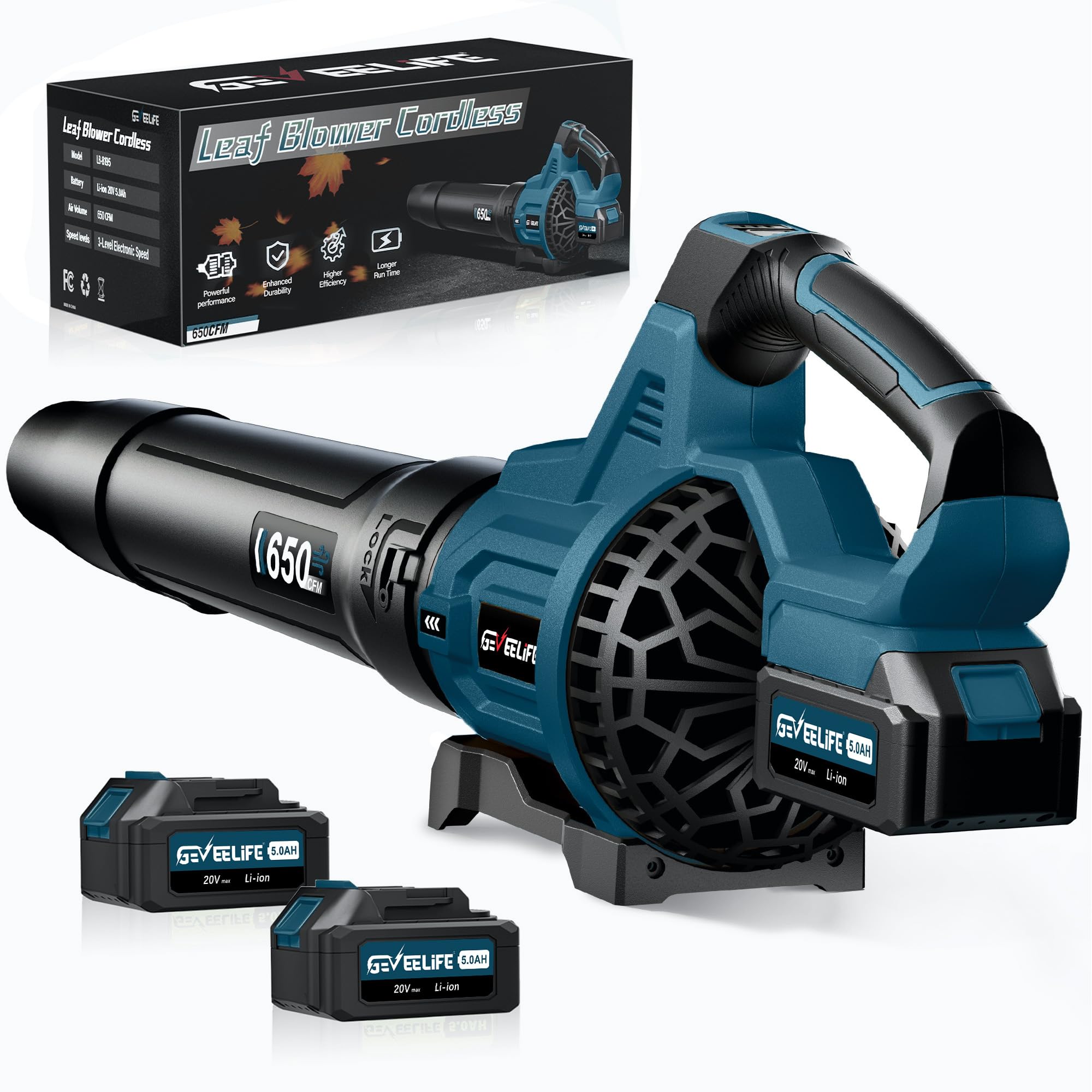 Photo 1 of GEVEELIFE Leaf Blower Cordless, 650CFM & 3 Speed Levels, Electric Cordless Leaf Blower with 2 * 5.0Ah Battery Powered, Blowers for Lawn Care, Yard, Blowing Leaves, Dust, Snow