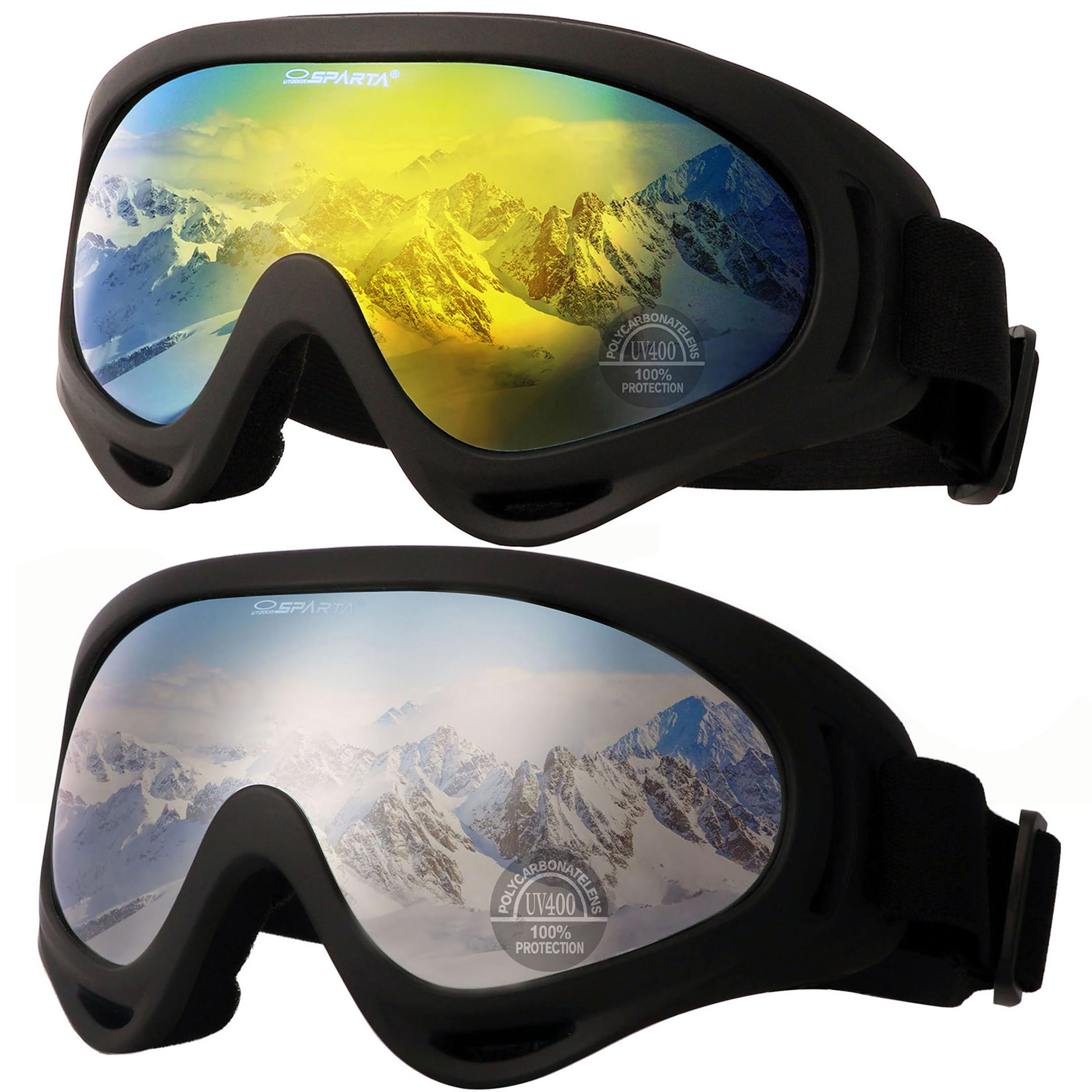 OUTDOORSPARTA 2-Pack Ski Goggles (7. Black Frame, Mirrored Gold Lens; Black Frame, Silver Coated Lens)