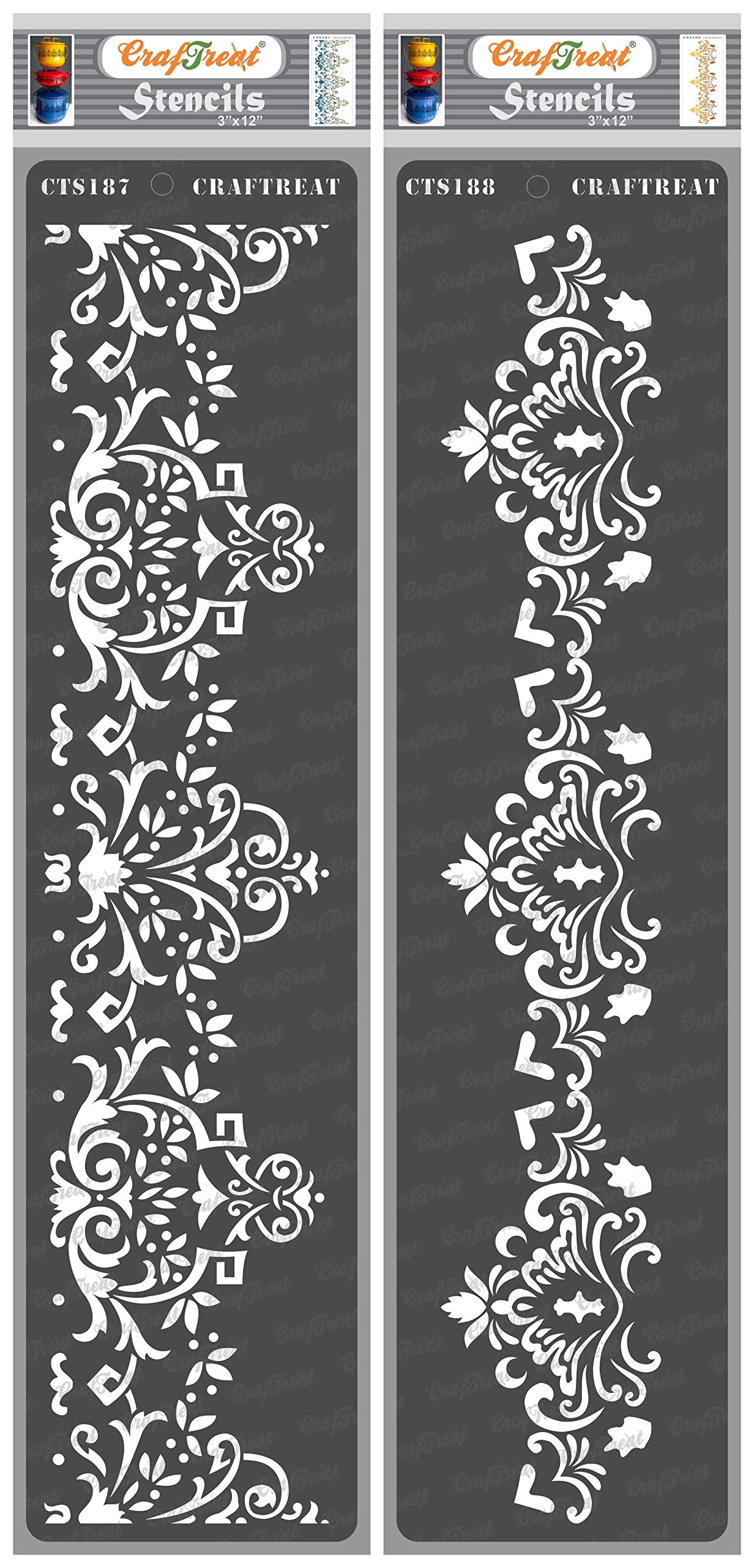 CrafTreat Reusable Border Stencils for Painting on Wood, Canvas, Paper, Fabric, Floor, Wall and Tile - Border1 and Border2-2 Pcs - 3x12 Inches Each - DIY Art and Craft Stencils - Lace Stencils