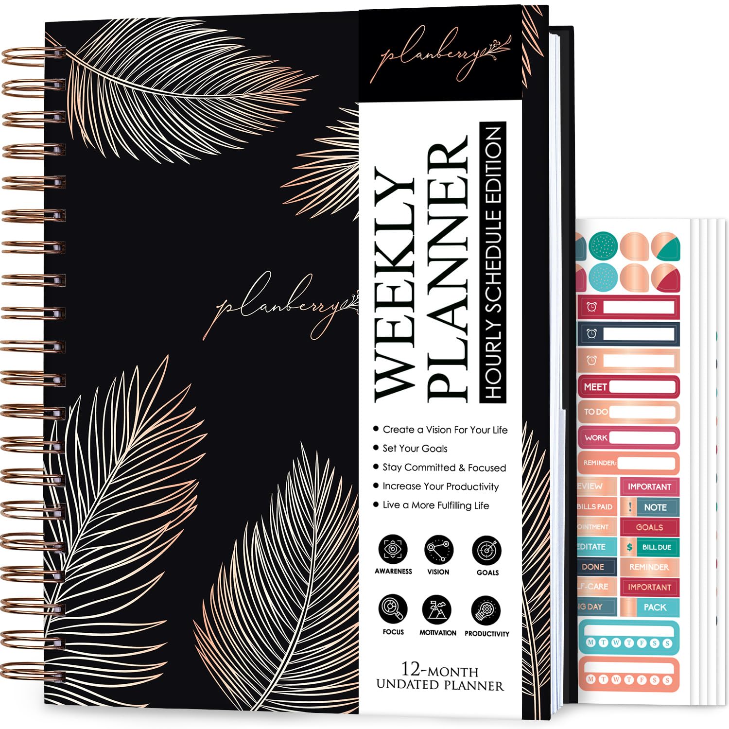 PLANBERRY Large Hourly Schedule Planner Premium – Undated Hourly Schedule & Budget Organizer for Time Management – Productivity Journal with Habit Tracker – 20 x 27cm Hardcover (Onyx Black)