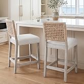 DM Furniture 27" Countryside Counter Height Bar Stools for Kitchen Island, Boho Linen Fabric Patio Stools Set of 2 with Woven Rope Back, Midcentury Wicker Stool Chairs for Home Bar, White
