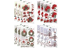 Katy Sue Christmas is Coming - Poinsettias, Wreaths & Robins Die Cut Decoupage Collection. Contains 12 Sheets of Die-Cuts for Christmas Card Making & Scrapbooking